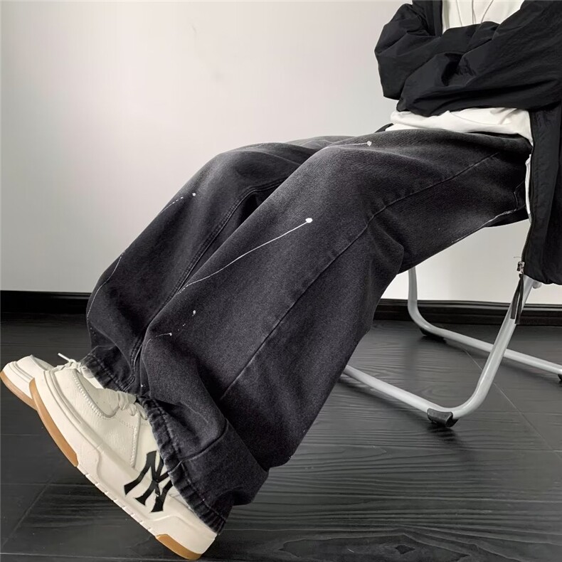 美式高街vibe泼墨牛仔裤男潮牌ins痞帅宽松直筒阔腿长裤B8192-p45,男装牛仔裤,星座1008