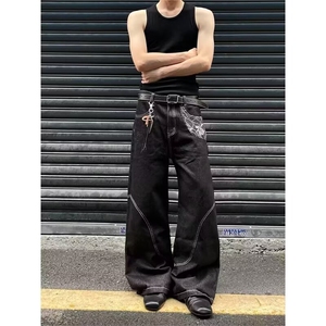 美式街头重磅蛇迹原牛色牛仔裤男女高街宽松直筒拼接长裤N917-P52图片