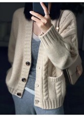 v领针织开衫女秋冬新款流行软糯毛衣外套慵懒外搭，女装羊毛衫，恩泰羊绒