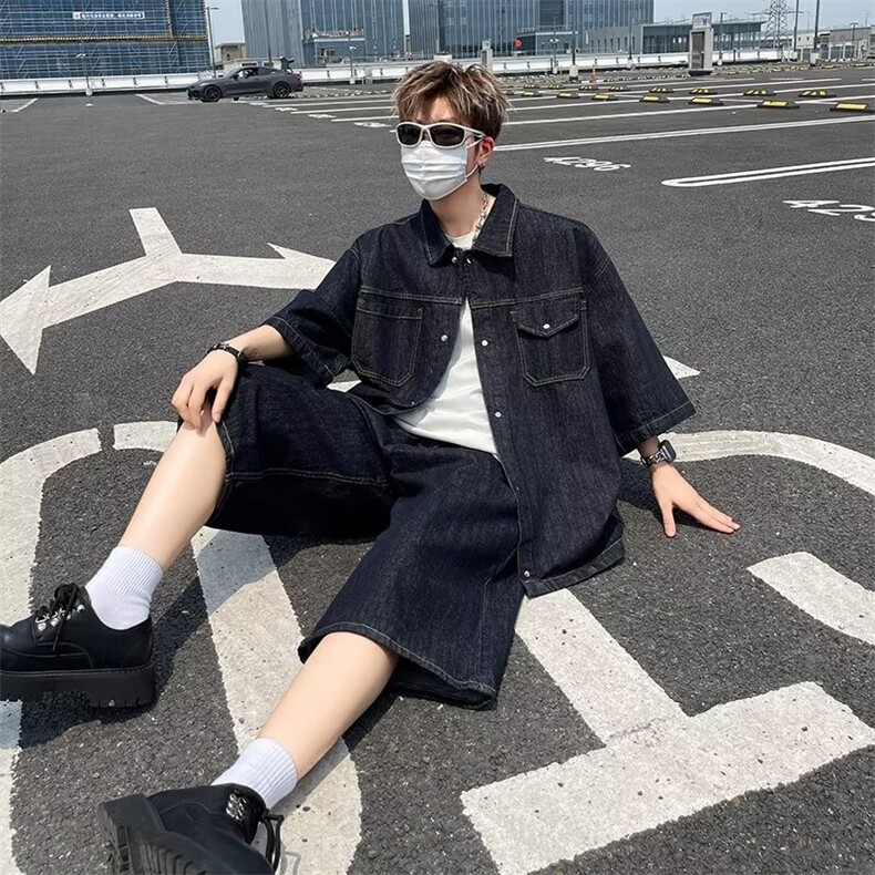 2024牛仔套装美式街头宽松休闲阔腿七分裤两件套TZ21-P103,男装休闲套装,星座313A-2