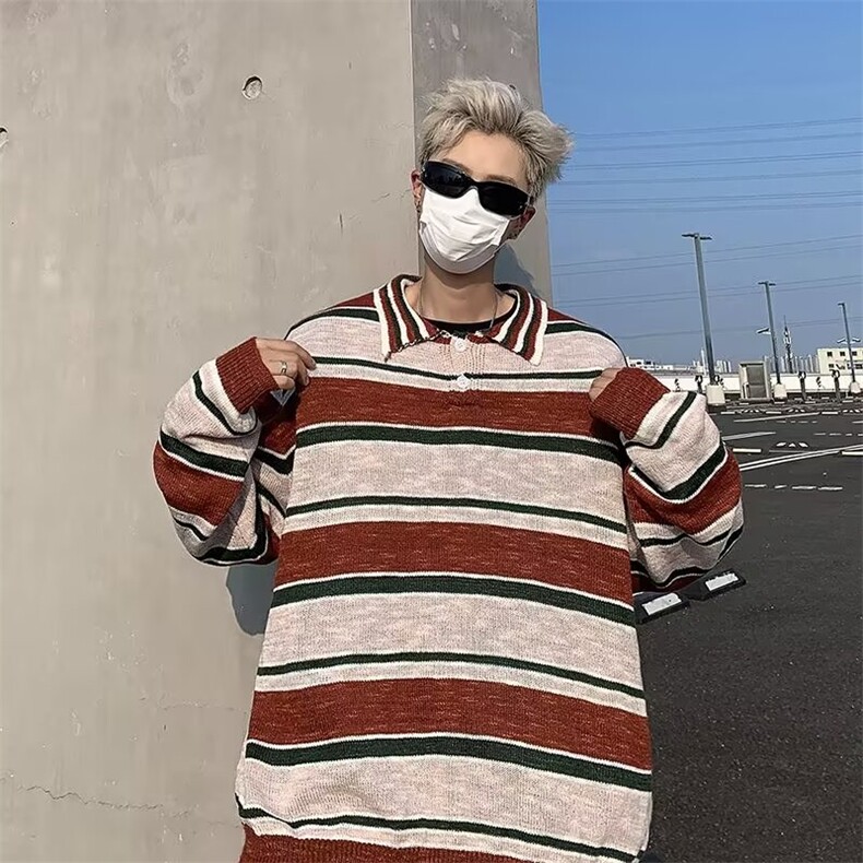 秋季撞色条纹polo领毛衣男日系慵懒风休闲套头毛线衣M5686/P58,男装针织衫/毛衣,星座506