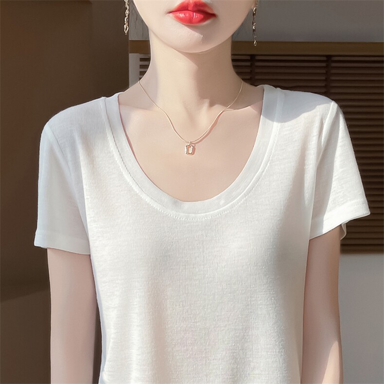 U领新款针织女短袖纯色简约百搭宽松套头,针织衫/毛衣,绒宛羊绒