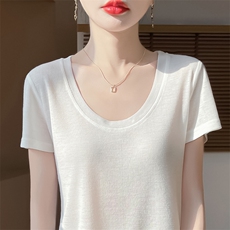 U领新款针织女短袖纯色简约百搭宽松套头，女装针织衫/毛衣，绒宛羊绒