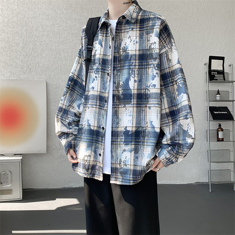 衬衫男秋冬新款港风宽松扎染格子长袖衬衣CS300-特P28，男装衬衫，星座214-3