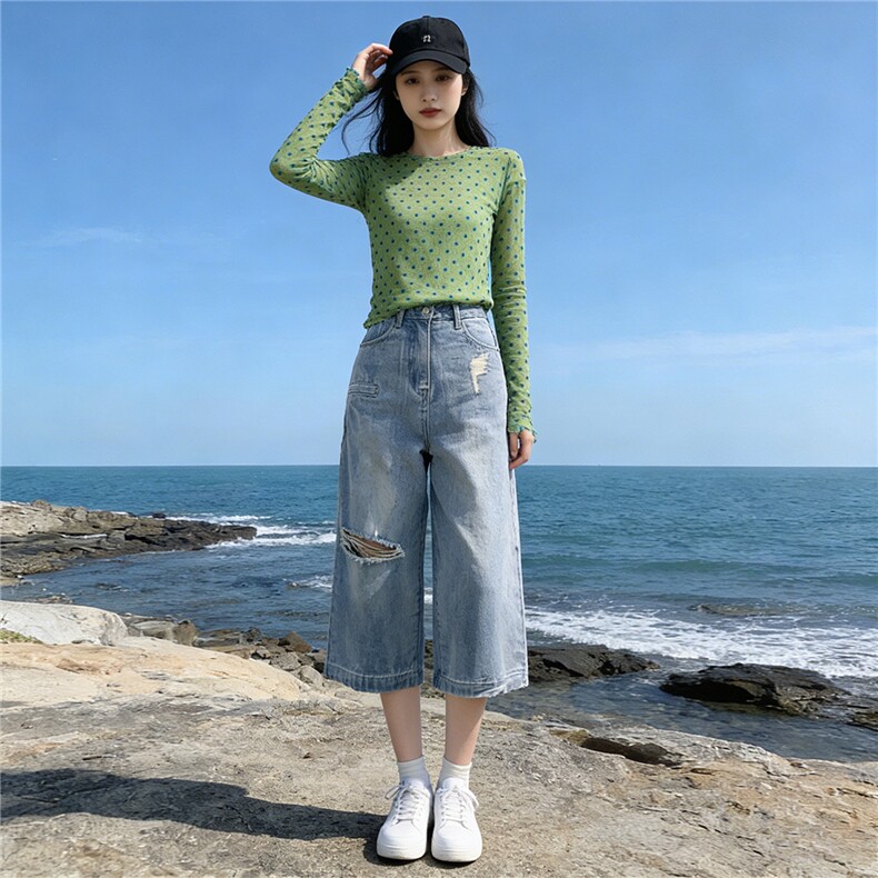 个性时尚套装女夏季新款圆领波点网纱长袖宽松破洞牛仔中裤两件套,女装套装/套裙,江南