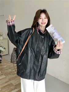 美式复古机车女孩皮衣女2026新款春季翻领宽松高级格纹撞色外套图片