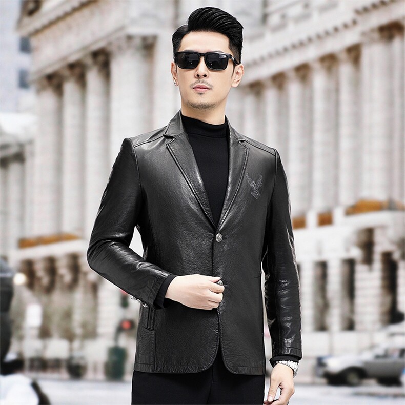 2023新款中年头层绵羊皮西服外套油蜡皮皮衣男士春秋休闲西装图片