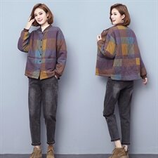 2021秋冬新款时尚休闲格子短款棉衣套装，女装套装/套裙，独衣靓