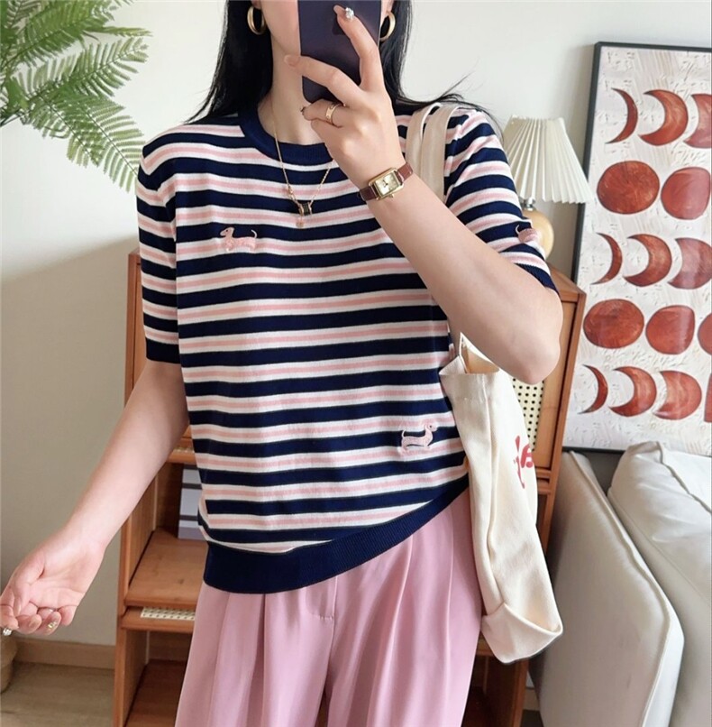 2025年新款短款上衣条纹短袖T恤女装夏装冰丝针织打底衫半袖,女装T恤,臻纶羊绒
