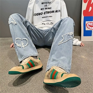 嘻哈牛仔裤男爱心百搭宽松直筒拖地老爹高街长裤子潮牌3056-p45图片