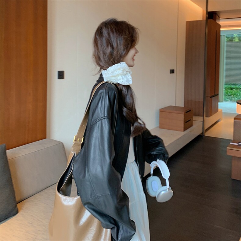 黑色高级感皮衣外套女2025春季新款美式复古宽松休闲小个子机车服,女装皮草,诺蝶