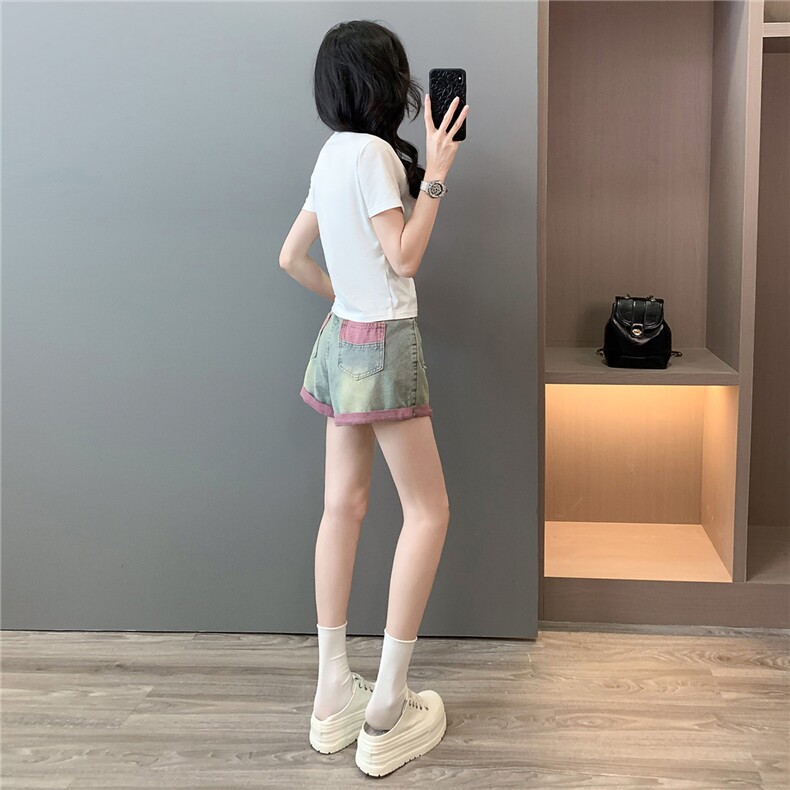 潮流休闲时尚套装女夏新款圆领刺绣蝴蝶结短袖宽松牛仔短裤两件套,女装套装/套裙,2C310