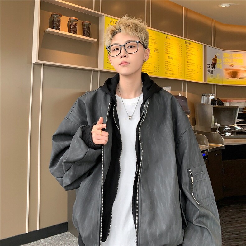 假两件拼色连帽PU皮夹克外套春季男装潮摇滚设计双层拉链机车皮衣,男装夹克,星座410-7