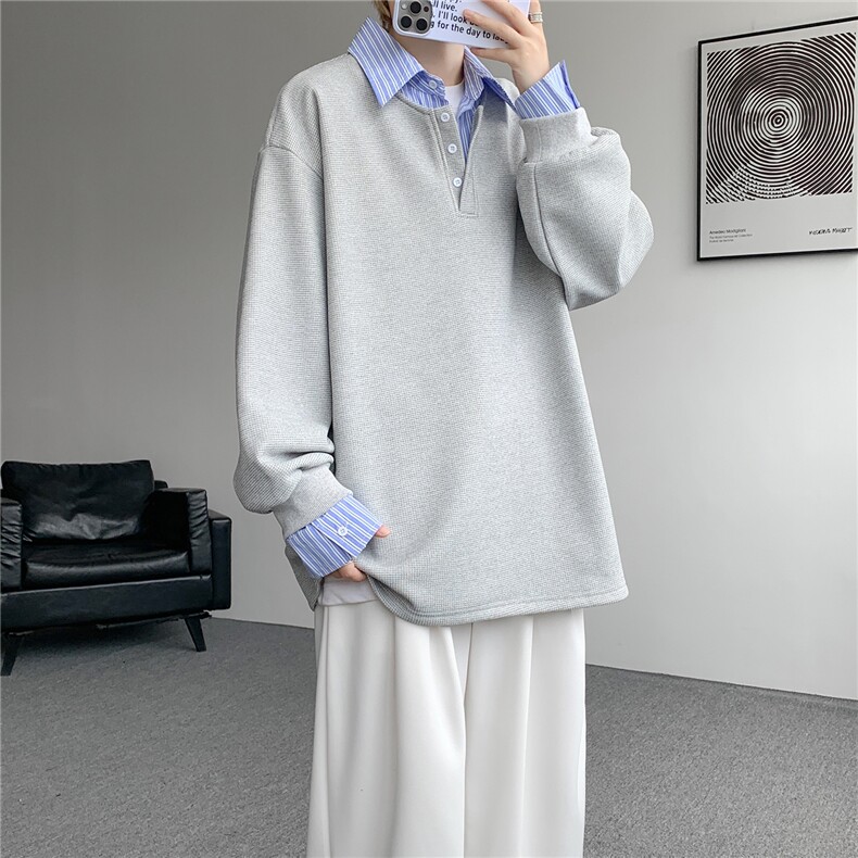 M-8XL假两件撞色polo衬衫翻领卫衣亨利领大码长袖上衣WY5117特P45,男装衬衫,电商B238
