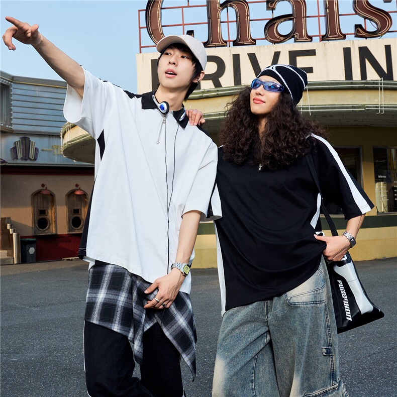 得物300克重磅纯棉宽松撞色打底短袖拉链POLO衫T恤男RH5036-特P40，男装Polo衫，星座610B-1