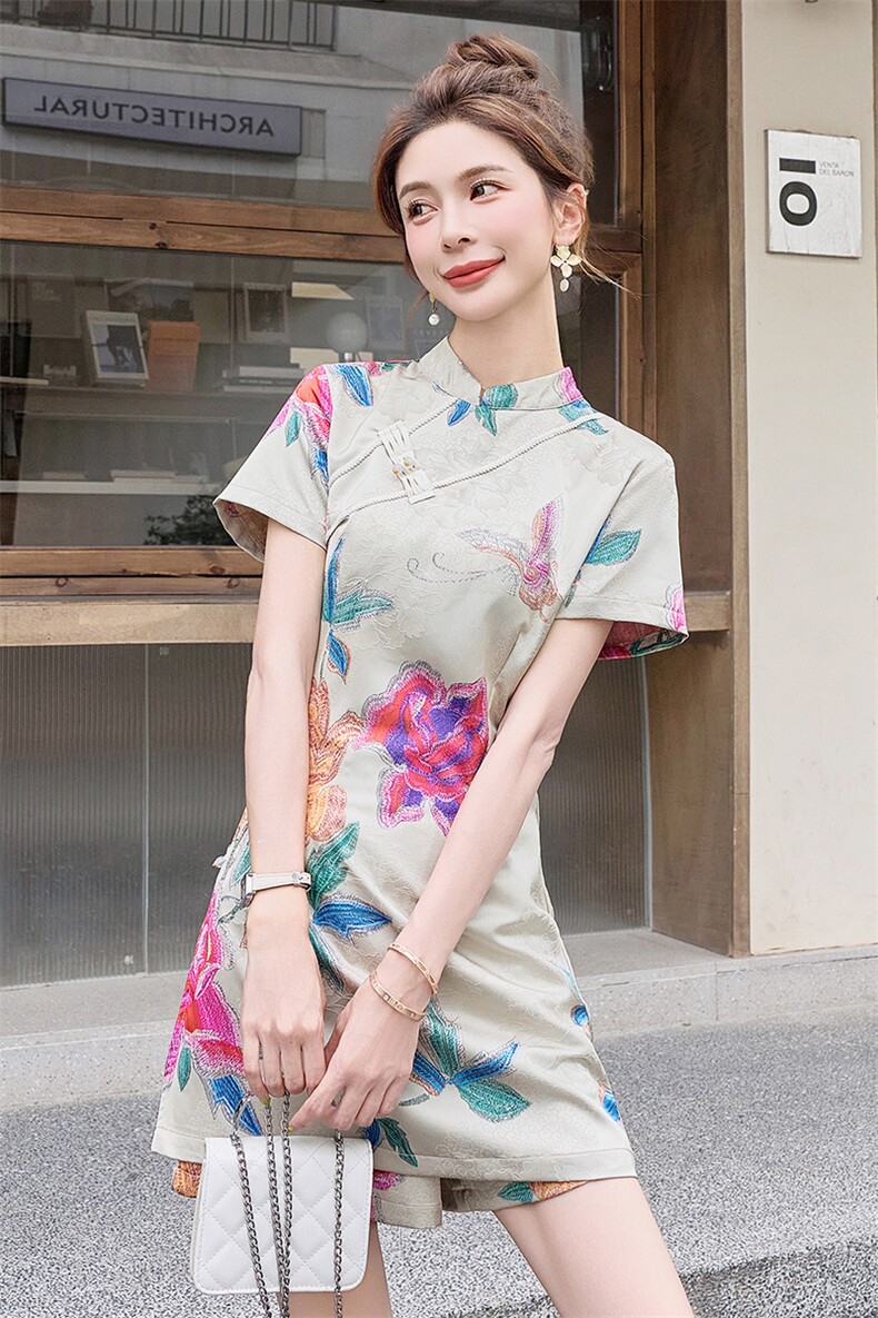 改良旗袍连衣裙女夏高级感复古印花新中式国风短裤套装气质两件套,女装套装/套裙,众宇琦