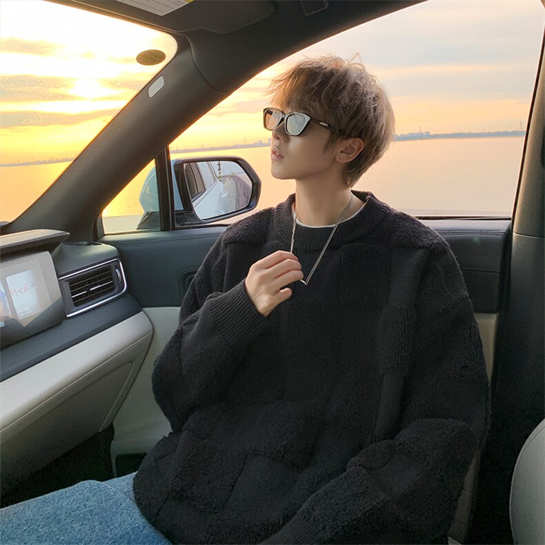 8XL-M特大码美式街头设计感毛巾绣格子毛衣男女情侣MY1204P50控68，男装针织衫/毛衣，电商D206-1