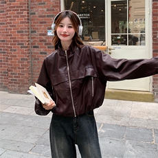 红皮衣外套女秋秋2025新款美式复古又a又飒机车服pu皮夹克，女装皮衣，纯色衣恋