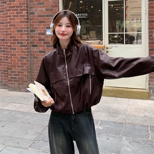 红皮衣外套女秋秋2025新款美式复古又a又飒机车服pu皮夹克图片