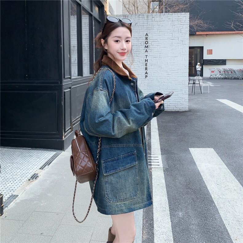 新款店里大货复古色中长款牛仔外套p165k268,女装风衣,2C295