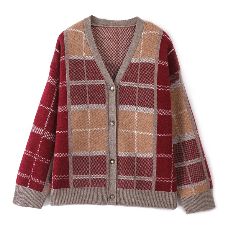 2025年秋季新款百搭女士方格拼色V领长袖开衫，女装羊绒衫，仙姿羊绒