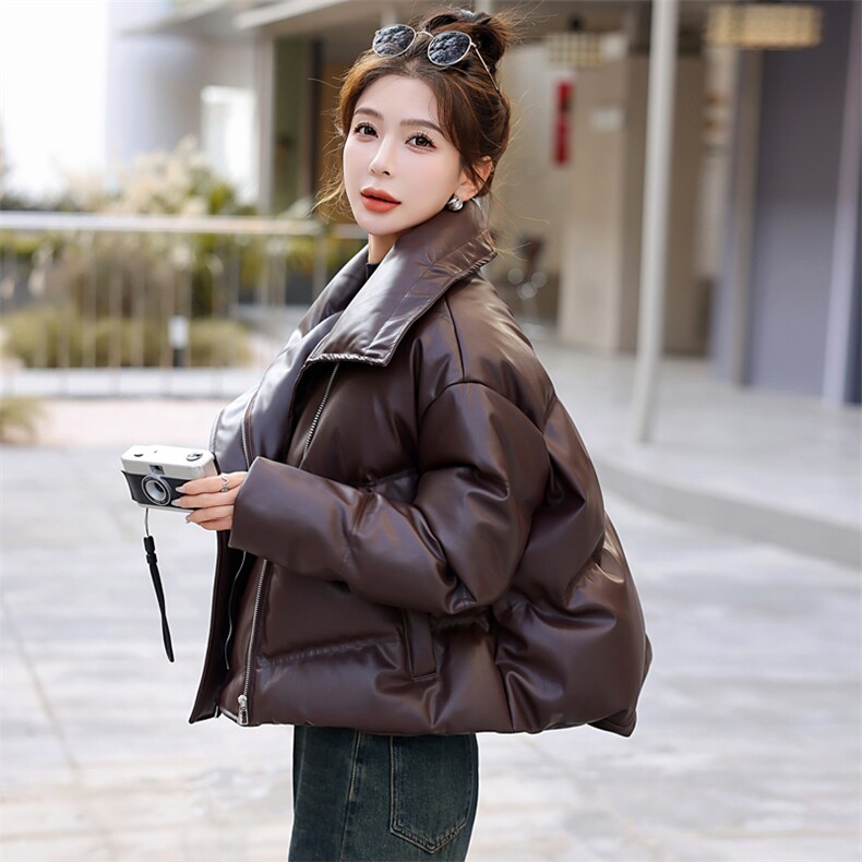 美拉德蛋白皮PU皮衣羽绒服女冬季2025年新款韩版短款小个子设计感,女装羽绒服,意芙