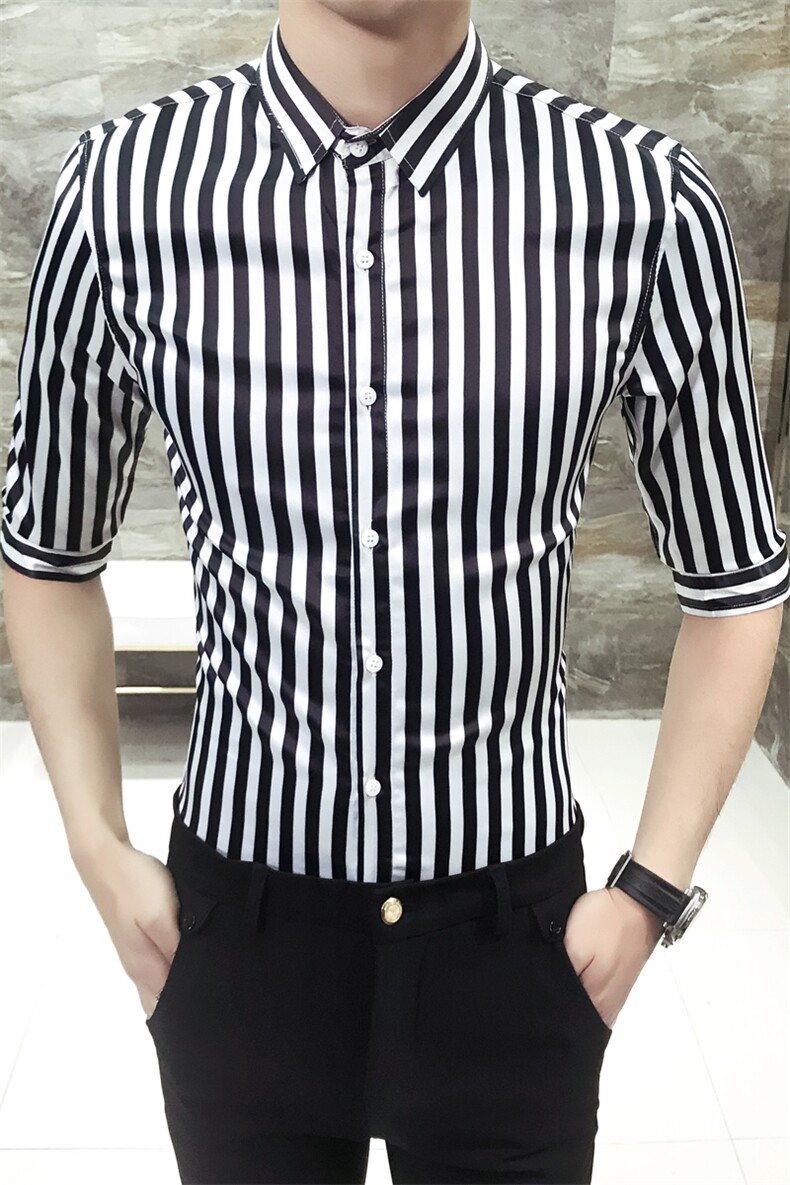 19夏男韩版修身中袖衬衫潮流条纹七分袖夜店发型师工作服D37,男装衬衫,星座419（原A233）