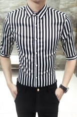 19夏男韩版修身中袖衬衫潮流条纹七分袖夜店发型师工作服D37，男装衬衫，星座419（原A233）