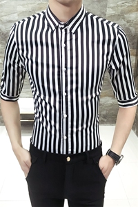 19夏男韩版修身中袖衬衫潮流条纹七分袖夜店发型师工作服D37图片