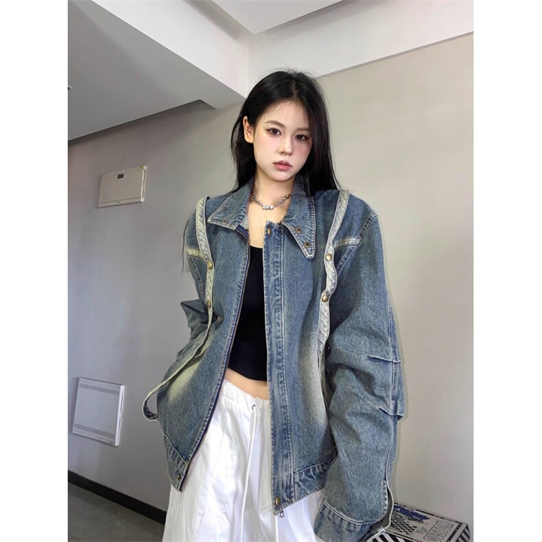 春秋美式高街复古拼接感宽松牛仔外套痞帅机车夹克XJK8617,男装工装外套,星座208-5