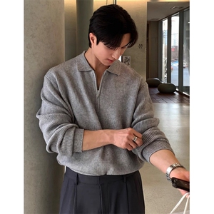 松弛感简约风Polo领毛衣男秋冬鹿毛绒半拉链宽松针织毛衫 MMY33图片