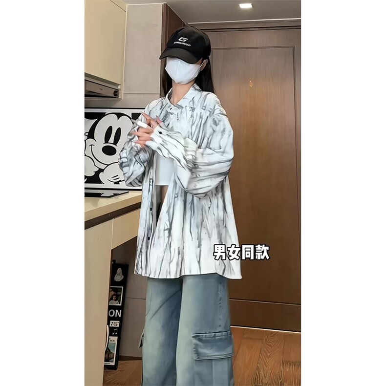 现货10058-P40控68立领扎染百搭衬衫男秋季新款港风宽松长袖,男装衬衫,电商A059