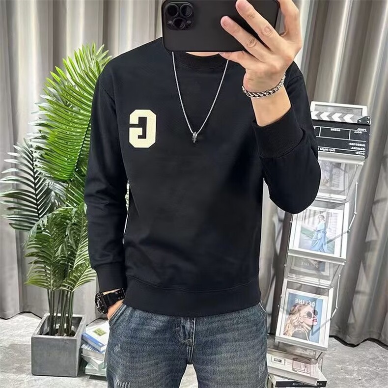 2025男士黑色白色打底衫潮牌休闲男款男装上衣秋装新款加绒卫衣男图片