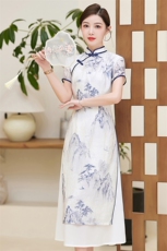 中长款旗袍短袖丝绸优雅2025年春季高开衩，女装汉服/婚纱/旗袍/礼服，小荷流