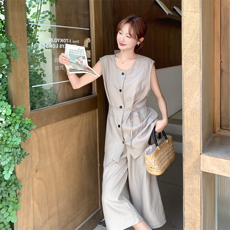 已出大货！系带圆领上衣+高腰7分阔腿裤套装6808-P135-K208,女装套装/套裙,2D034