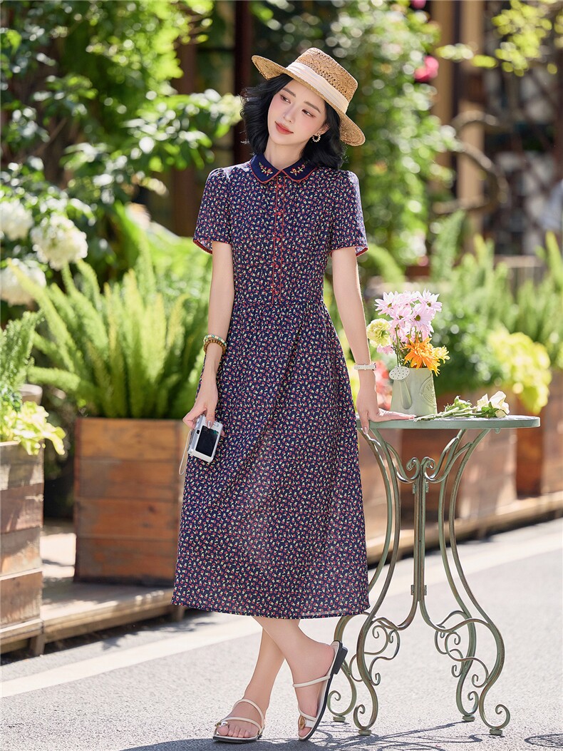 田园风碎花刺绣连衣裙女春夏收腰显瘦中长裙（细节图颜色为准）,女装连衣裙,水衣源