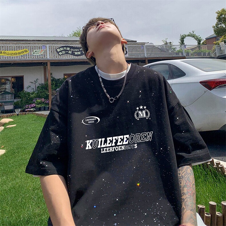 量大优供抖音视频支持得物配合二开美式满天星亮片短袖T恤MTX617,男装T恤,电商A486-1