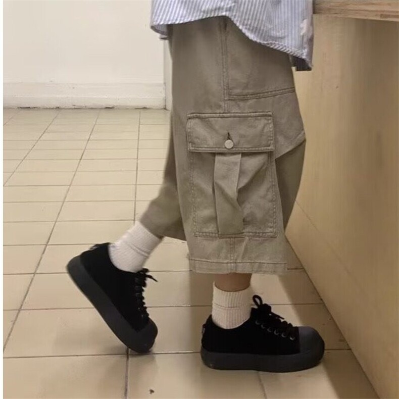 美式复古纯色牛仔七分裤多口袋设计工装裤水洗短裤男女潮流2025夏,女装休闲裤,星座506A