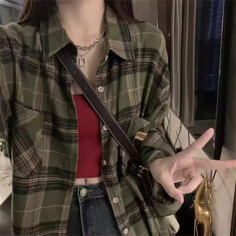 绿色格子衬衫女春秋字母刺绣休闲衬衣防晒外套美式学院风上衣,男装防晒衣,星座506A
