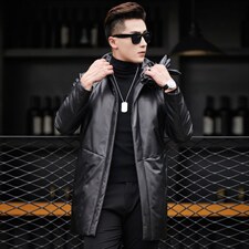 海宁修身皮衣中长款羽绒服男绵羊皮夹克男连帽外套潮P710图片