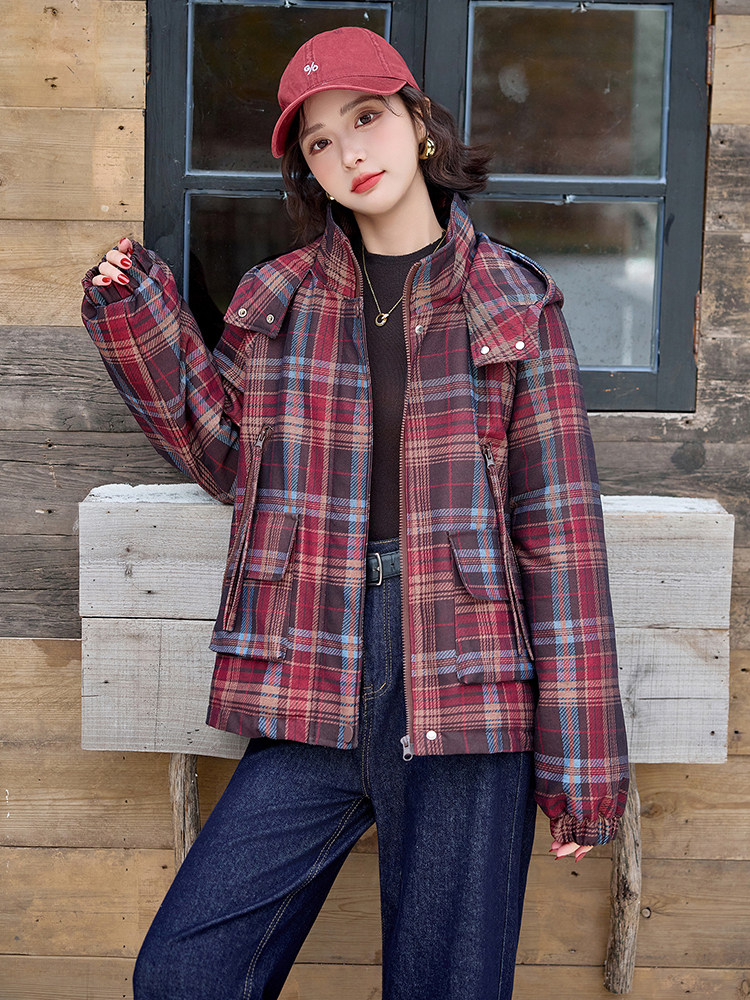 水衣源2904款牛仔格纹连帽宽松加厚加棉短款洋气时尚外套女,女装棉衣/棉服,水衣源