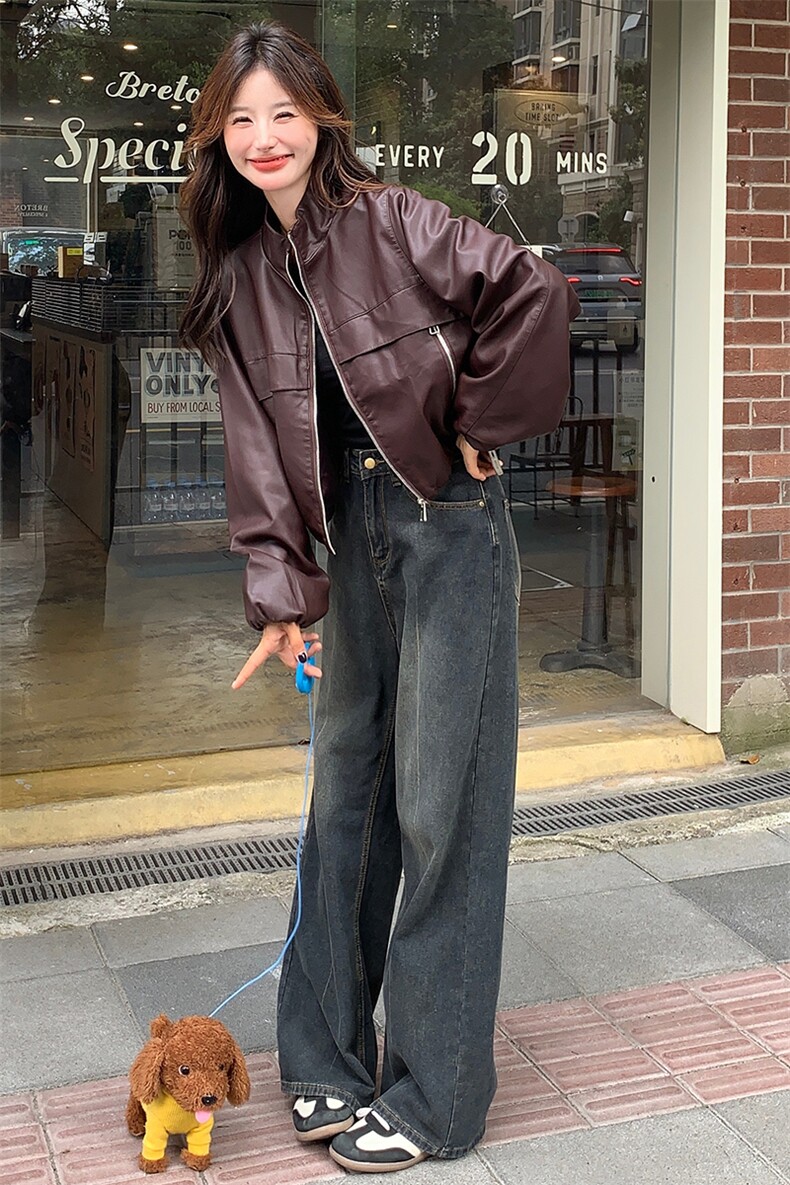 红皮衣外套女秋秋2025新款美式复古又a又飒机车服pu皮夹克,女装皮衣,纯色衣恋