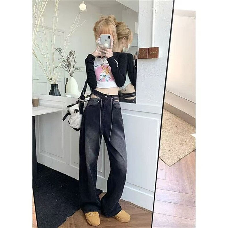 美式阔腿牛仔裤女宽松春秋新款辣妹高腰设计感显瘦百搭拖地裤子潮,男装牛仔裤,星座506A