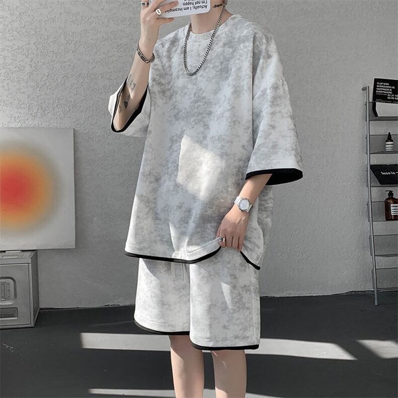 TZ775-特P50控88新款撞色拼接假2件套装短袖短裤T恤大码百搭,男装休闲套装,电商A059