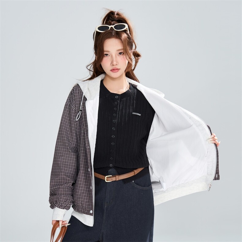 拼接格纹连帽假两件夹克女春季宽松休闲百搭外套XZ309JK8016P83,男装夹克,星座309（原A406）