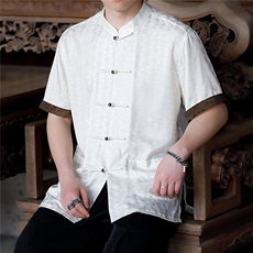 D4213^新中式冰丝衬衫唐装一字扣短袖T风半袖男上衣，男装T恤，钱塘777(原3023)