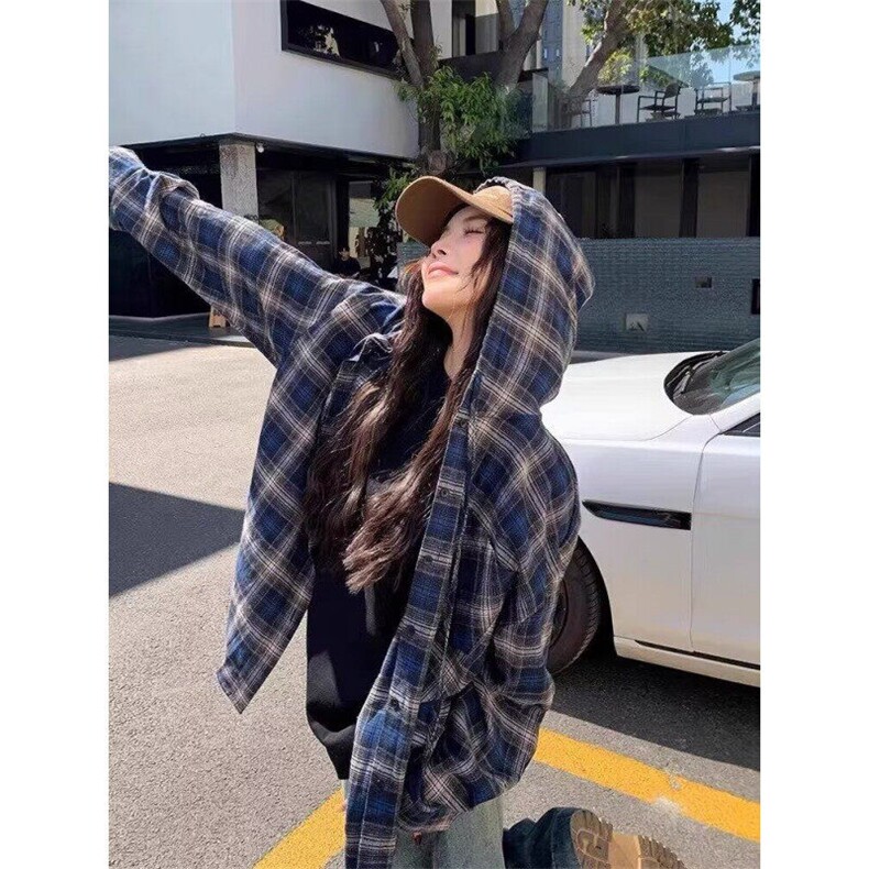 美式复古连帽衬衫男女春款街头宽松休闲百搭撞色格纹衬衣CT20,男装衬衫,星座1116A（原606A-3）
