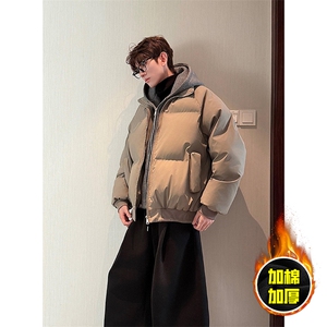现货高品质重磅工艺美式高街假两件PU皮棉衣男女加厚棉服外套图片