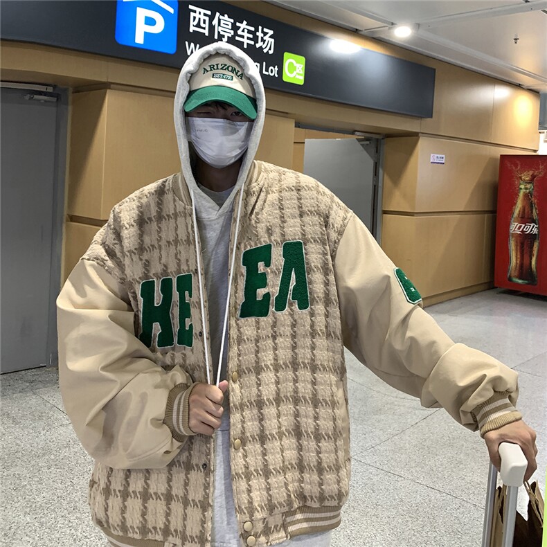EQ85加厚秋季新款港风男棒球服夹克毛巾绣格子呢料外套流行P113,男装夹克,电商C306-1