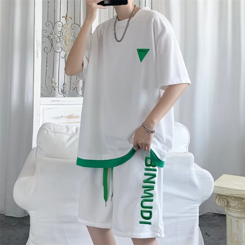华夫格运动服套装男生夏季潮牌休闲短袖短裤两件套U35310B-1-P40,男装牛仔裤,星座310B-1